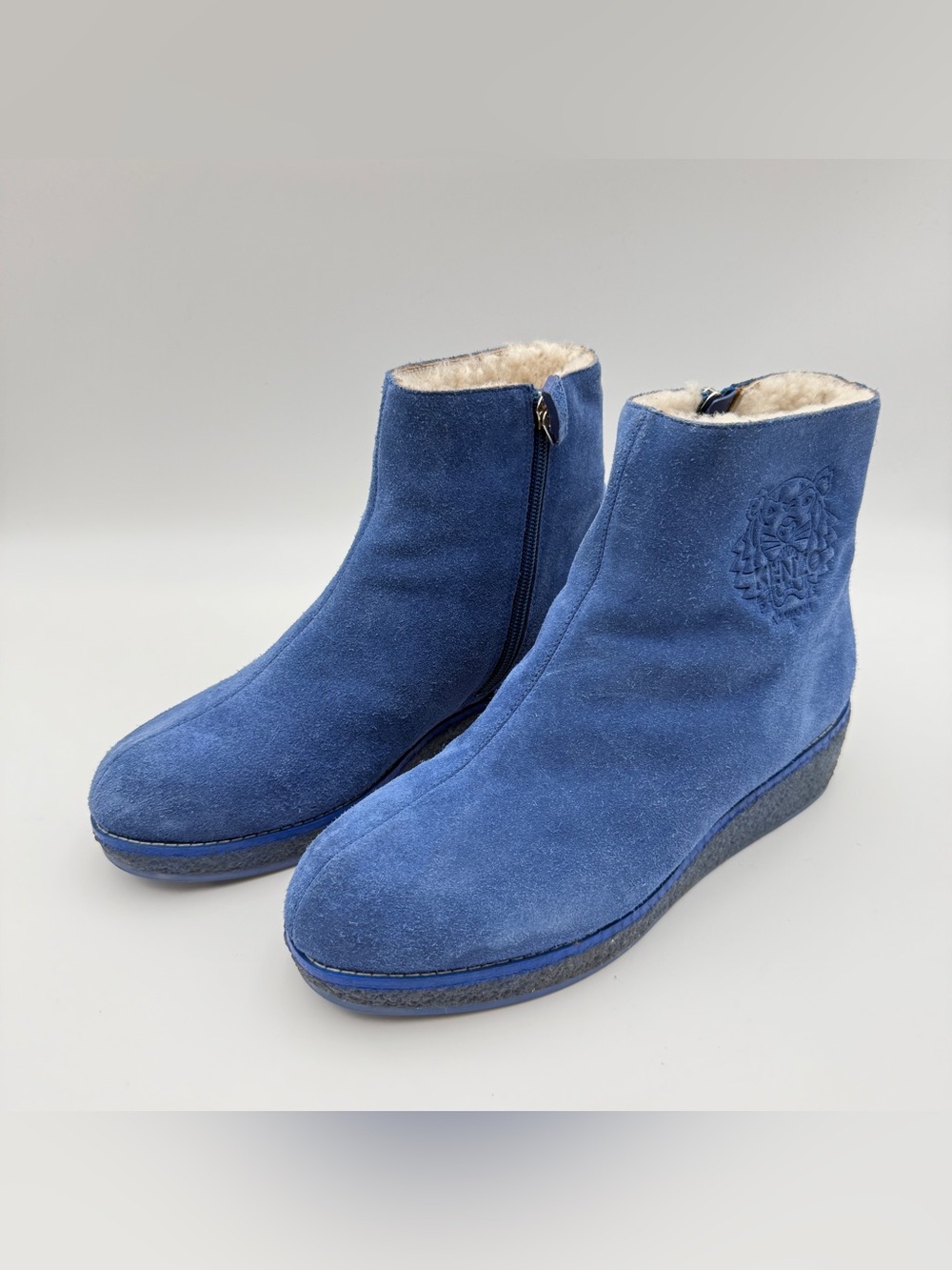 Kenzo Blue Suede Boots Tiger Embossed Shearling Lining Booties Women’s Size 7-38